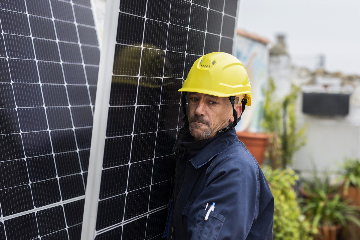 Worker installing solar panels, wearing yellow helmet.